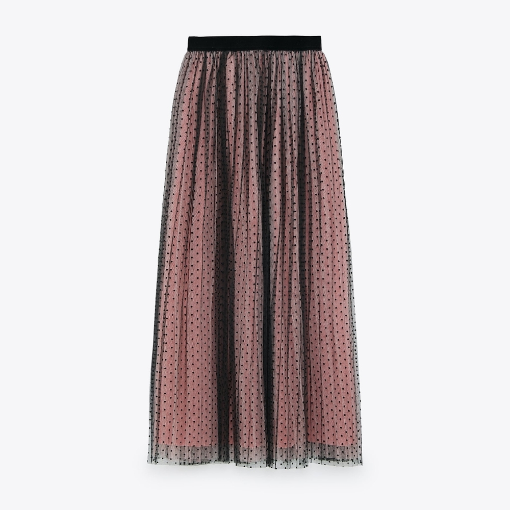 ZARA Contrast Polka Dot Mesh with Pink Lining Pull On Midi Skirt Size XS NEW
